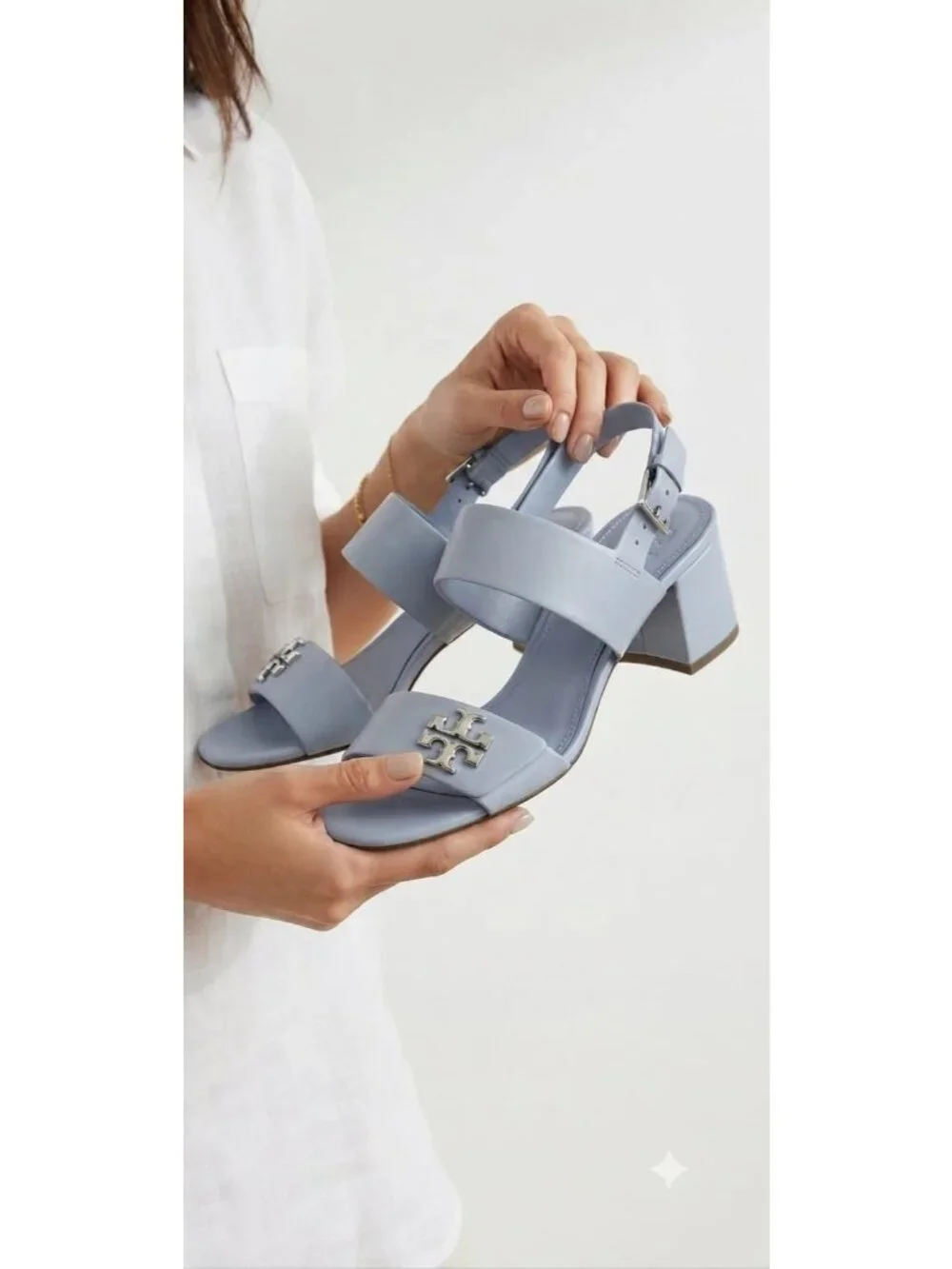 Tory Burch Turnlock Slingback Sandals Women's Blue Leather Block Heel Open Toe